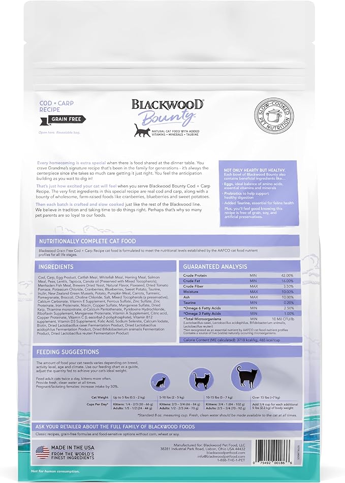 Blackwood Bounty Dry Cat Food, Cod & Carp Recipe for All Life Stages, 10 Pound Bag, High Protein, Grain Free-Mewly Pet