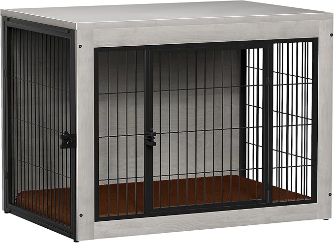 Bigrab Dog Crate Furinture with Thick Cushion, Side End Table Wooden Dog Cage with Double Doors, Chew-Resistant Dog Kennel Dog House Indoor for Small to Large Dog, L (Grey)-Mewly Pet