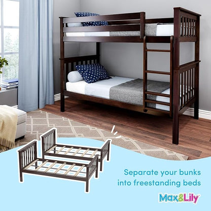 Max & Lily Bunk Bed Twin over Twin, Solid Wood Bunk Bed Frame with Ladder for Kids, 14" Safety Guardrails, Easy Assembly, No Box Spring Needed, Espresso