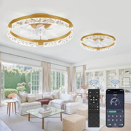 LEDIARY 2 Pack 20 Inch Low Profile Ceiling Fan with Lights and Remote, Dimmable Fandelier Ceiling Fans, Gold Modern Flush Mount Ceiling Fan with 3 Color Temperature Change and 6 Speeds