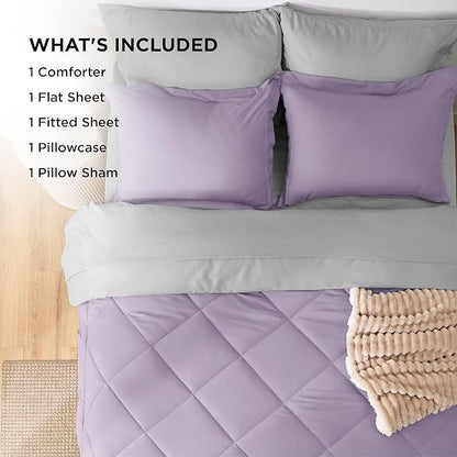Bedsure Twin Comforter Set - 5 Pieces Reversible Light Purple Bedding, Twin Size Bed Set for All Seasons, Bed in a Bag with Down Alternative Comforter, Sheets, Pillowcase & Sham