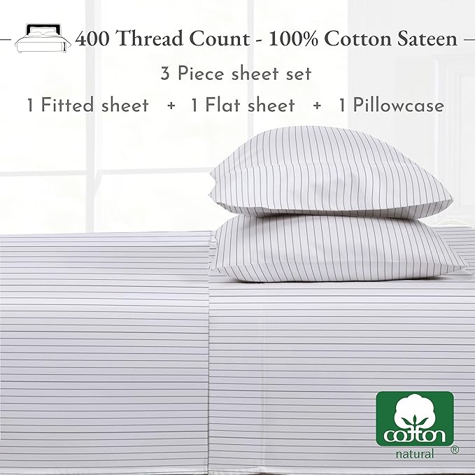 California Design Den Printed Twin XL Sheet Sets - 400 Thread Count Sateen, Natural 100% Cotton Sheets Set, Deep Pockets, Cooling and Durable Bedding Set - Pinstriped