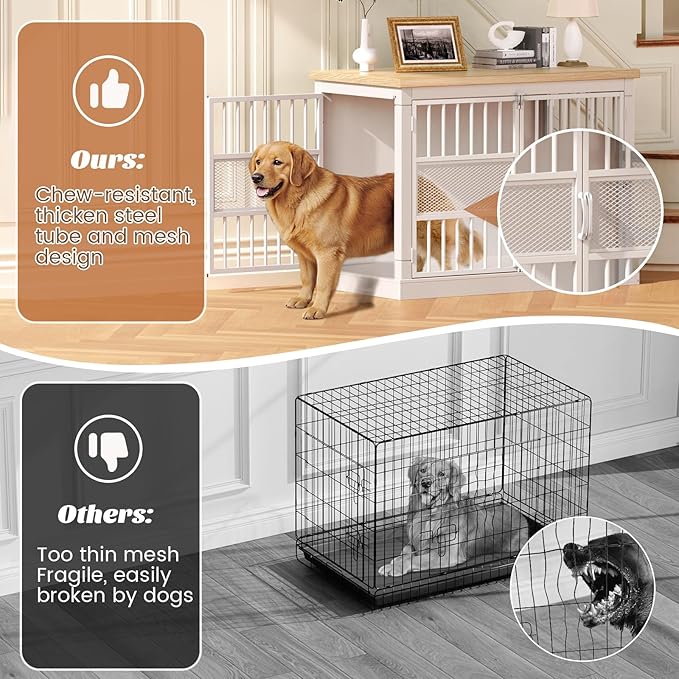 VOPEAK 46" Dog Crate Furniture, Chew Resistant Large Dog Crate for Medium Large Dogs, Heavy Duty XL Dog Crates Dog Kennel Cage Indoor with Double Doors, End Table for Bedroom Living Room, White-Mewly Pet