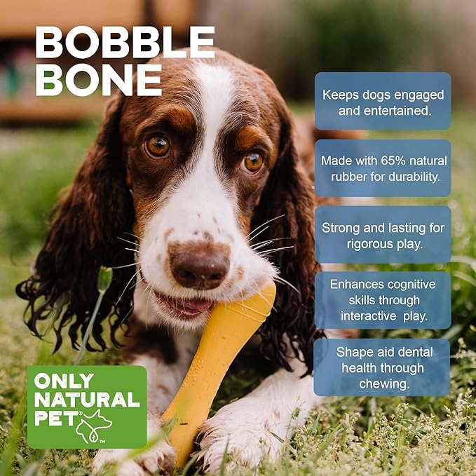 Only Natural Pet Rubber Boredom Buster Treat Stuffer Dog Toys - Interactive Stuffable Feeder Dispenser Fillable Durable Play Puppy Medium Large XS Chew Pup Hide Holder Easy Refill -BobbleBone/Yellow-Mewly Pet
