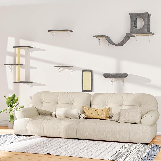 NUNU LAB Wall Mounted Cat Furniture, 6 Pcs Cat Wall Shelves with Condo House, Bridge, Steps, Scratcher, Hammock, Indoor Safe & Stable Furniture for Kittens Play, Gray-Mewly Pet