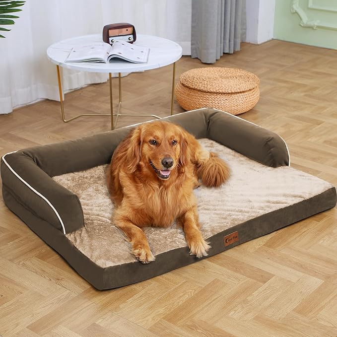 Orthopedic Dog Beds for Large Dogs, Waterproof Dog Beds, Egg-Crate Foam Dogs Couch Beds, Comfy Bolster Pet Bed with Removable Washable Cover, Nonskid Bottom (Large,Brown)-Mewly Pet