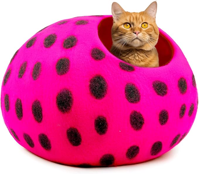 Woolygon Premium Felt Cat Cave Bed - Polka Dot Series - Wool Kitty Beds Handcrafted Kitten Caves Bed for Indoor Cats - Eco-Friendly Merino Wool, Foldable Cat Hideaway Cat Houses (Pink/Black Dots)-Mewly Pet