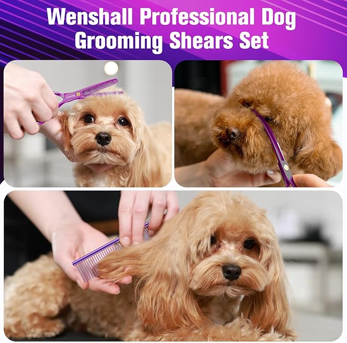 Professional Dog Grooming Scissors Set - 6.5" Thinning, 7" Straight, 7" Up-Curved, 7" Down-curved Scissors and Comb for Dog Cat Pet (Purple)-Mewly Pet
