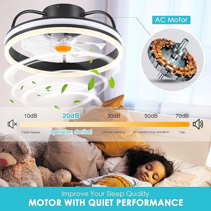 Ceiling Fan-Low Profile Ceiling Fan with Light - Modern Flush Mount Ceiling Fan,16" RGB Dimmable LED Enclosed Ceiling Fans,Modern Bladeless LED-RGB Ambient Light for Bedroom Kids Room Party（Black）