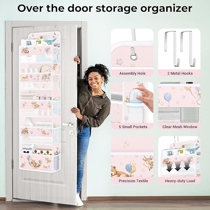 Clastyle Animals Over The Door Organizer Star Nursery Hanging Storage Organizer for Kids Clothes Diaper Toy Closet Door Hanging Shelf Storage for Bedroom Bathroom Pantry, Balloon, 5-Tier