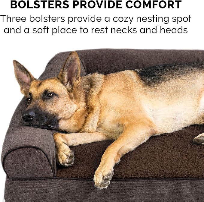 Furhaven Cooling Gel Dog Bed for Large Dogs w/ Removable Bolsters & Washable Cover, For Dogs Up to 95 lbs - Sherpa & Chenille Sofa - Coffee, Jumbo/XL-Mewly Pet