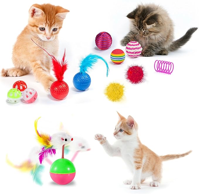AILUKI 35 PCS Cat Toys Kitten Toys Assortments,Variety Catnip Toy Set Including 2 Way Tunnel,Cat Feather Teaser,Catnip Fish,Mice,Colorful Balls and Bells for Cat,Puppy,Kitty-Mewly Pet