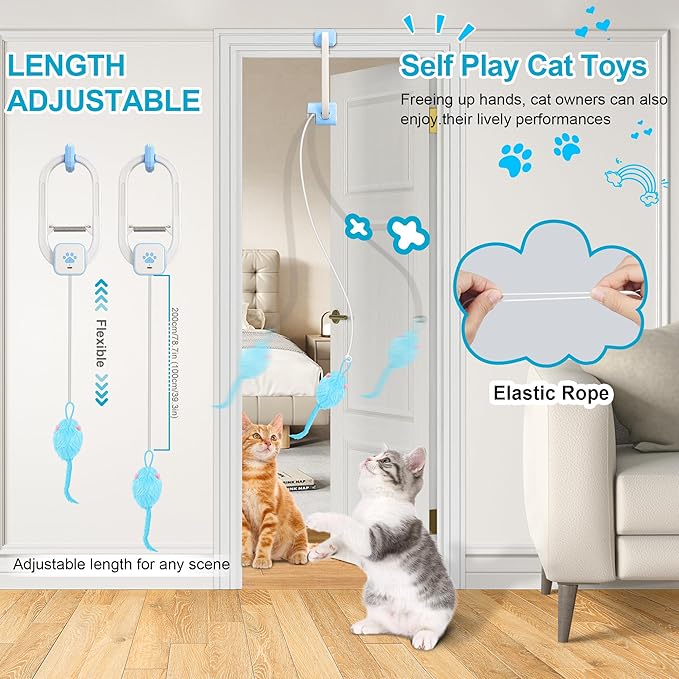 Cat Toy, Upgraded Smart Interactive Cat Toys with Remote Control, USB Rechargeable Door Hanging Retractable Kitten Toy for Self Play, Teaser Electronic Feather Cat String with 3 Plush Mice-Mewly Pet