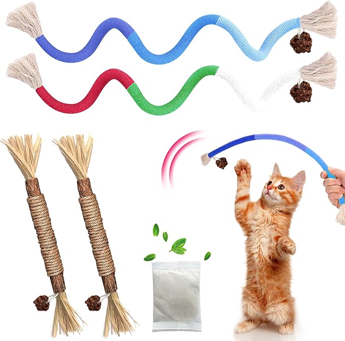 Cat Toys Chew Rope & Silvervine Sticks for Bored Indoor Adult Cats, 4Pcs Interactive Catnip Toys for Cats with Refillable Natural Catnip Bag for Teeth Cleaning-Mewly Pet