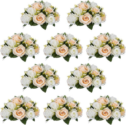 Pcs of 10 Fake Flower Ball Arrangement Bouquet,15 Heads Plastic Roses with Base, Suitable for Our Store's Wedding Centerpiece Flower Rack for Parties Valentine's Day Home Décor (Champagne & White)