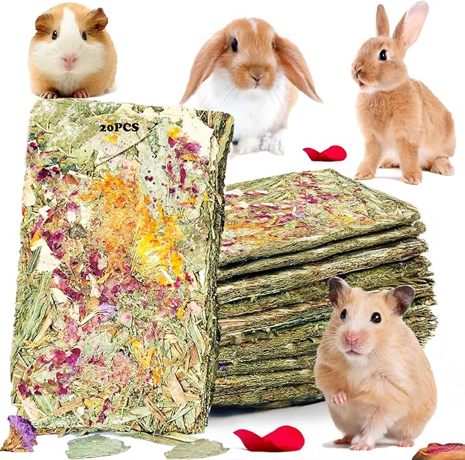 Rabbit Toys 20 Pack Bunny Toy Bunny Chew Toy Guinea Pig Treats Timothy Hay Toys Chips with Herbal Flowers Timothy Hay Grass Hamster Snacks Chinchillas Gerbils for Small Animals Teeth-Mewly Pet