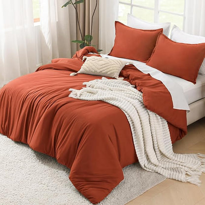 Litanika Boho Comforter Full Size Set Burnt Orange, 3 Pieces Fall Solid Terracotta Lightweight Bedding Comforter Set, Rust Fluffy Winter Quilted Blanket Set (79x90In Comforter & 2 Pillowcases)