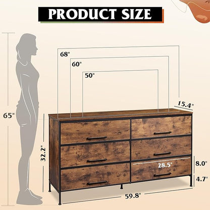 WLIVE Wide TV Stand for 60, 65, 70 inch TV, Large Entertainment Center with 6 Fabric Drawer, TV Media Console Table with Wood Top, Adjustable Feet for Living Room, Hallway, Rustic Brown