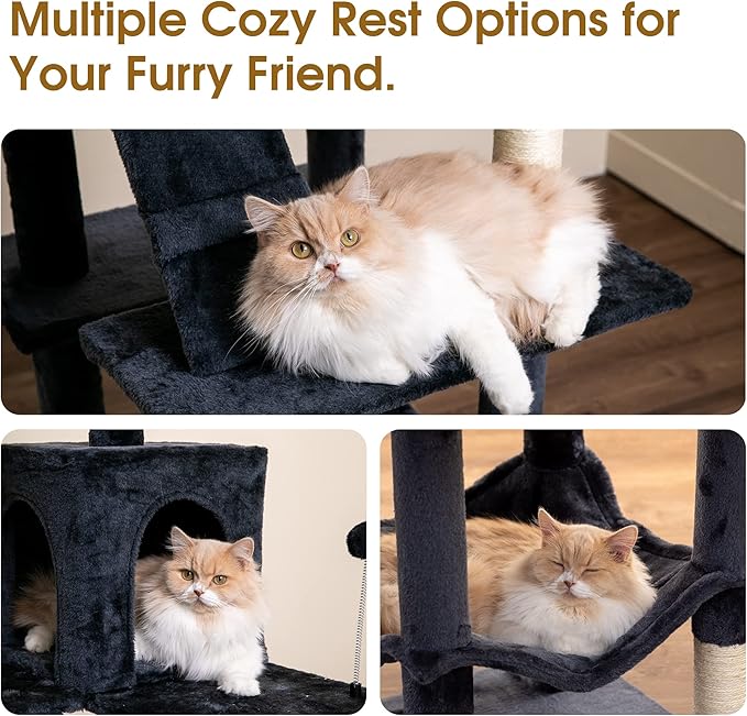 MWPO 70.1-Inch Large Cat Tree, Multi-Level Tall Cat Tower for Indoor Cats, Plush Cat Condo with Big Padded Perches, Sisal-Covered Scratching Posts, Hammock, Toys for Kittens & Cats - Smoky Grey-Mewly Pet