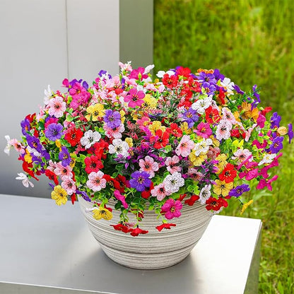 SHareconn 36 Bundles Artificial Flowers for Outdoors, Faux Plants Fake Silk Colorful Daisy Eucalyptus Lavender, UV Resistant for Outside Home Porch Patio Spring Decor, RedRosyPurpleYellowPinkWhite