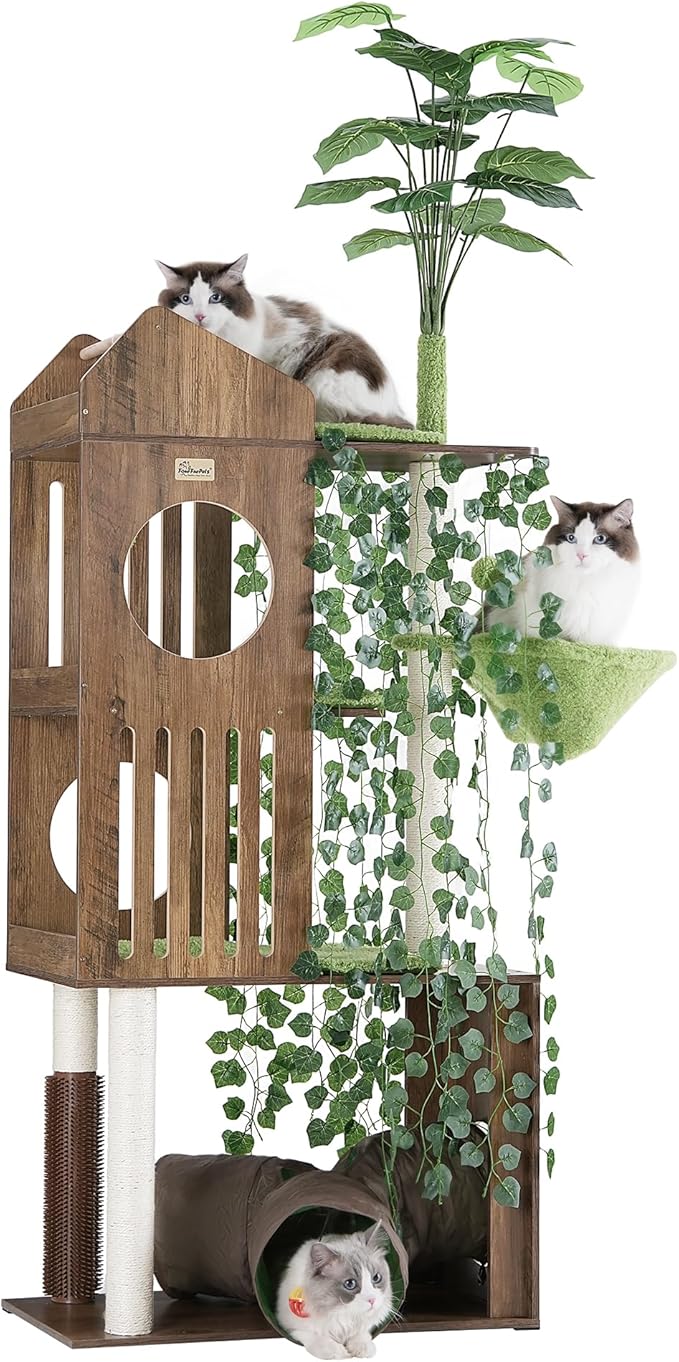 FourFurPets Large Cat Tree with Leaves, 72.8-Inch Cat Tower for Indoor Cats, Modern Cat Tree with Scratching Post, Large Perch, Tunnels, Swing Ball, Self Groomer, Greige-Mewly Pet