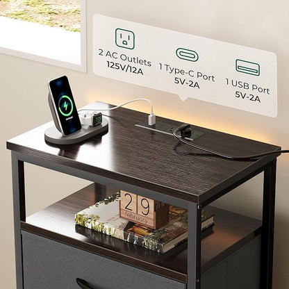 Huuger 5 Drawers Dresser with Charging Station, Dresser for Bedroom, Tall Night Stand, Chest of Drawers with Open Shelf, Bedside Table Nightstand, Fabric, for Entryway, Adult Only, Walnut