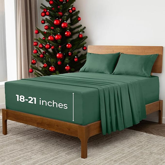 Mellanni Extra Deep Split King Sheets - 5 PC Iconic Collection Bedding - Hotel Luxury, Ultra Soft, Cooling Bed Sheets - Wrinkle, Fade, Stain Resistant (Split King, Emerald Green)