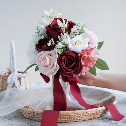 ponatia Burgundy Wedding Bouquets for Bride Bridesmaid, Blush Artificial Prom Flowers Bouquet for Weddings, Ceremony, Anniversary (Burgundy & Blush)