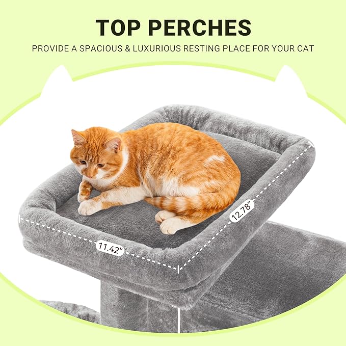 Allewie 64 Inches Cat Tree Tower/Multi-Level Activity Center for Indoor Big Felines/2 Plush Condos/2 Perchs/Basket/House/Sisal Scratching Posts/Hanging Cat Toys/Grey-Mewly Pet