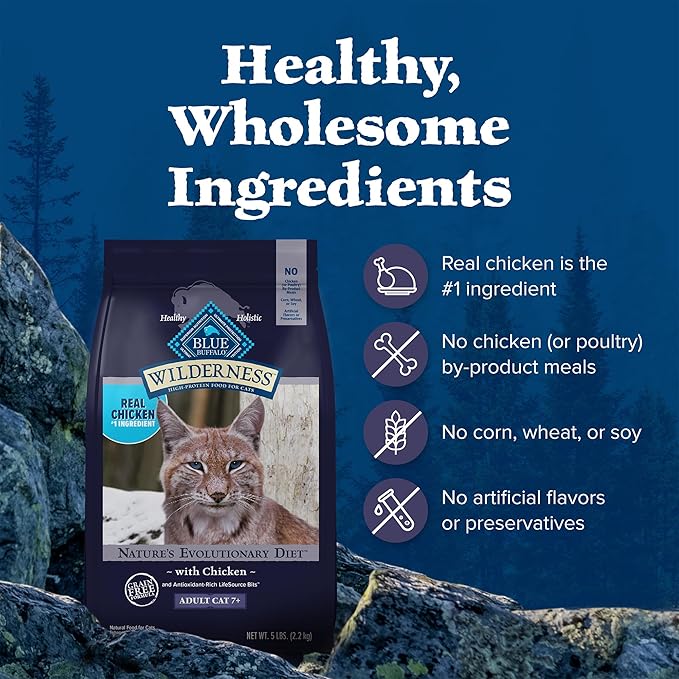 Blue Buffalo Wilderness Natural Mature Dry Cat Food for Cats 7+ Years, High-Protein and Grain-Free Diet, Supports Immune System Health and Energy to Stay Active, Chicken, 5-lb. Bag-Mewly Pet