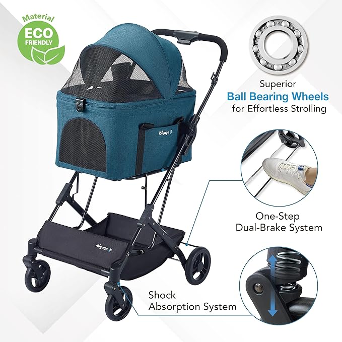 ibiyaya Essential – Travois Tri-Fold Pet Travel System for Medium Dogs, Cats, and More, 3 in 1 Dog Stroller with Detachable Carrier, XL Cabin (Nautical Blue)-Mewly Pet