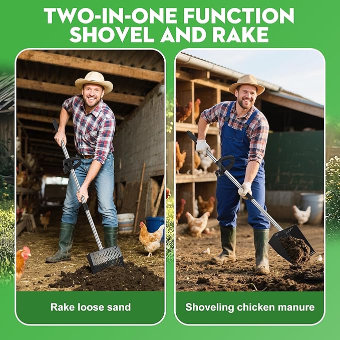 2-in-1 Chicken Poop Scooper & Rake - Adjustable Chicken Coop Scoop with Handle（39、53、67 in），Stainless Steel Shovel Head- Litter Scooper Sand & Sifting Shovel for Chicken Coops-Mewly Pet