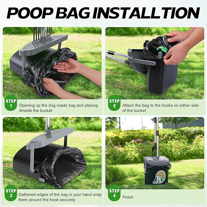 UPSKY Dog Pooper Scooper Swivel Bin & Rake Kit with 100 Waste Bags,33.4" Stainless Steel Long Handle Heavy Duty Pet Poop Shovel for Large Medium Small Dogs, Odor-Proof Lid for Yard/Lawn/Outdoor Use-Mewly Pet