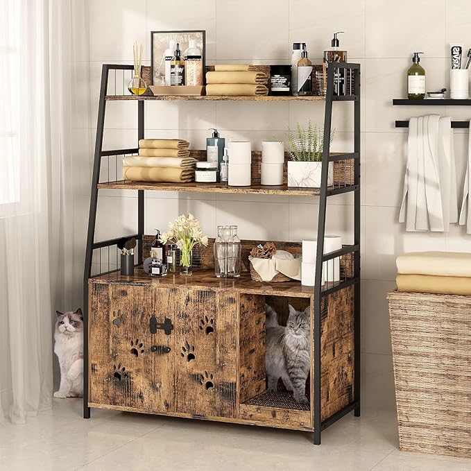 Recaceik Large Cat Litter Box Enclosure with Shelf Storage, Hidden Cat Washroom Furniture, Wooden Cat House with Scratch Pad, Sturdy Indoor Cat Cabinet with 2 Doors, Rustic Brown-Mewly Pet