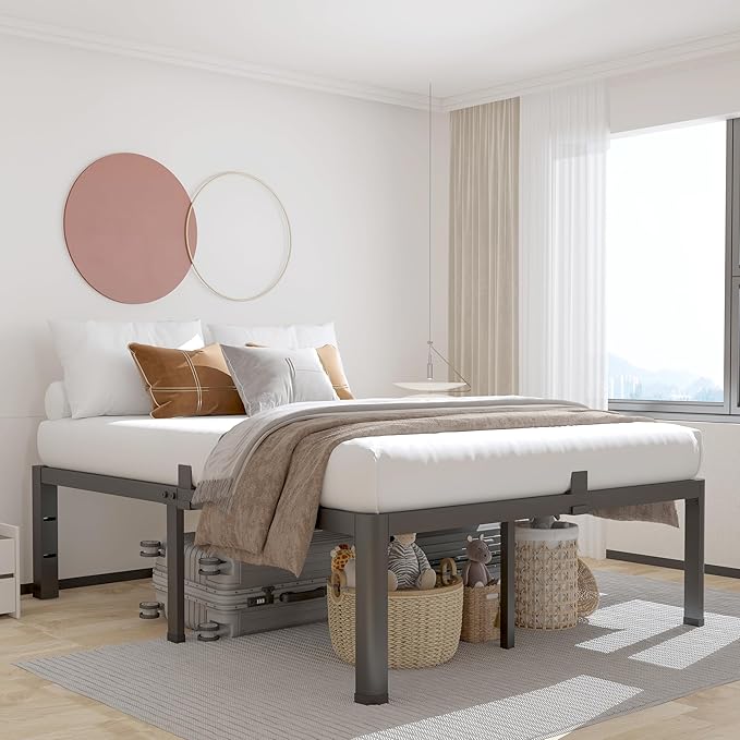 ROIL 12 inch Metal Queen Bed Frame with Rounded Corner and Headboard Hole Mattress Retainers 3500LBS Heavy Duty Steel Slats No Box Spring Needed Platform Noise-Free Easy Assemble