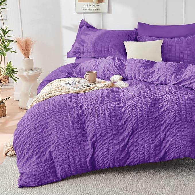 HYMOKEGE Dark Purple Full Size Comforter Sets Seersucker 7 Pieces, All Season Luxury Bed in a Bag for Bedroom, Bedding Set with Comforter, Sheets, Pillowcases & Shams