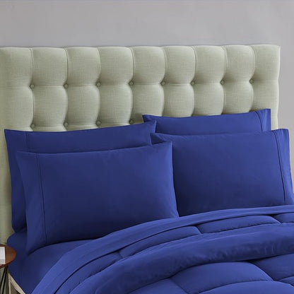 Sweet Home Collection 7 Piece Comforter Set Bag Solid Color All Season Soft Down Alternative Blanket & Luxurious Microfiber Bed Sheets, Royal Blue, Queen