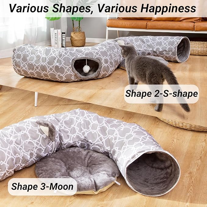 LUCKITTY Geometric Cat Tunnel Bed Oxford Outside with Plush Inside,Cats Toys Collapsible Tunnel Tube with Balls, for Rabbits, Kittens, Ferrets,Puppy 3FT-Mewly Pet