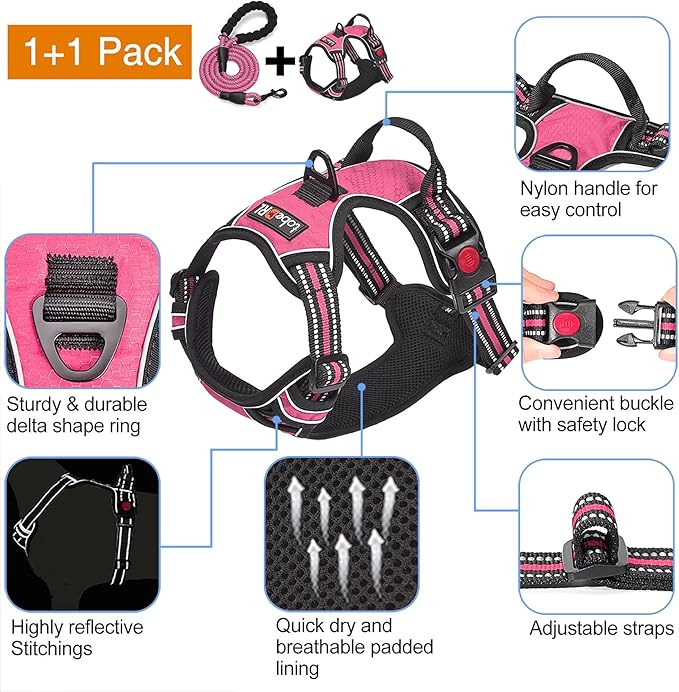 No Pull Dog Harness Adjustable Reflective Oxford Easy Control Medium Large Dog Harness with A Free Heavy Duty 5ft Dog Leash (S (Neck: 13"-18", Chest: 17.5"-22"), Pink Harness+Leash)-Mewly Pet