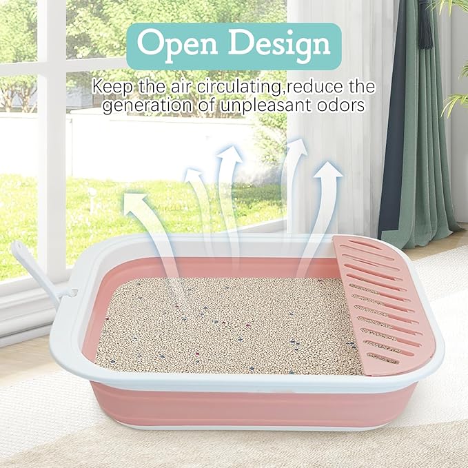 Fhiny Cat Litter Box Portable Shallow Litter Box 17.7"x13.4"x4.9" Foldable Cat Toilet with Scoop Open Kitty Potty Pan with Litter Drop Pedal Easy to Clean Travel Kitten Toilet(Pink)-Mewly Pet