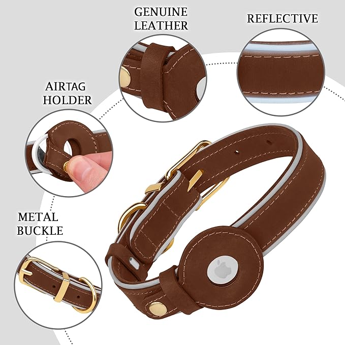 OOPSDOGGY Reflective Geniune Leather Airtag Dog Collar Soft Padded Collars for Small Medium Large Breed Dogs Puppy, 4 Sizes, 7 Colors (Brown, Large, 15"-19")-Mewly Pet