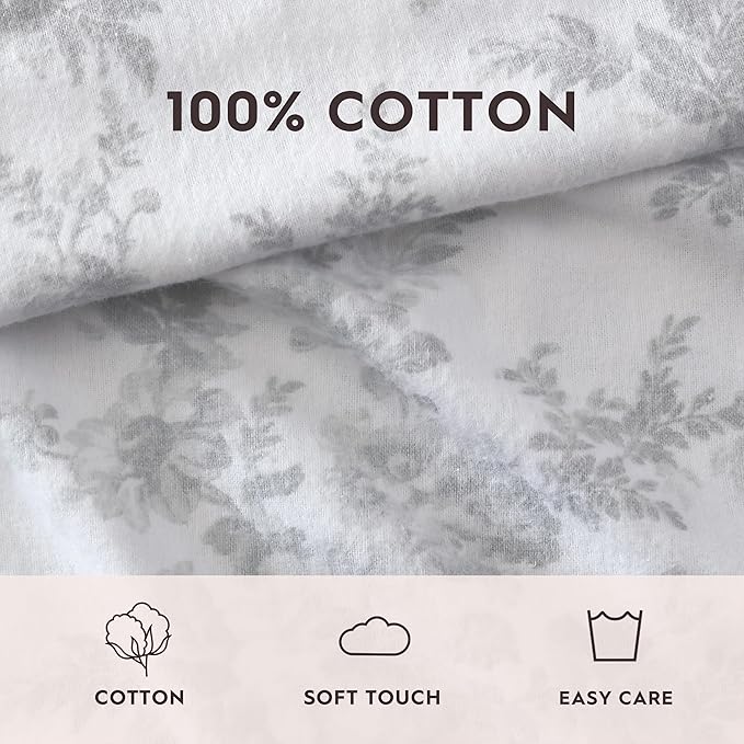 Laura Ashley - Flannel Sheets King Size, Anti-Pilling & Wrinkle Resistant Cotton, Touchably Soft for All-Season Comfort - Bed Sheets with Matching Pillowcases & Fitted Sheet (Vanessa Grey)