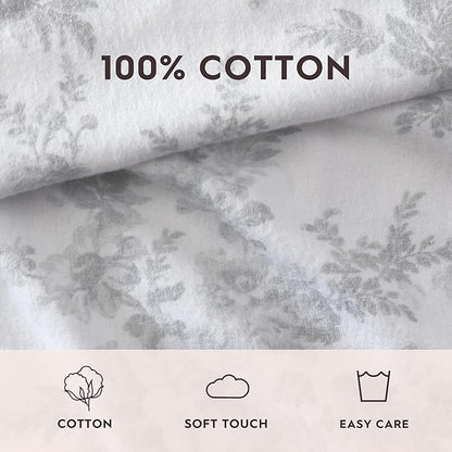 Laura Ashley - Flannel Sheets Full Size, Anti-Pilling & Wrinkle Resistant Cotton, Touchably Soft for All-Season Comfort - Bed Sheets with Matching Pillowcases & Fitted Sheet (Vanessa Grey)
