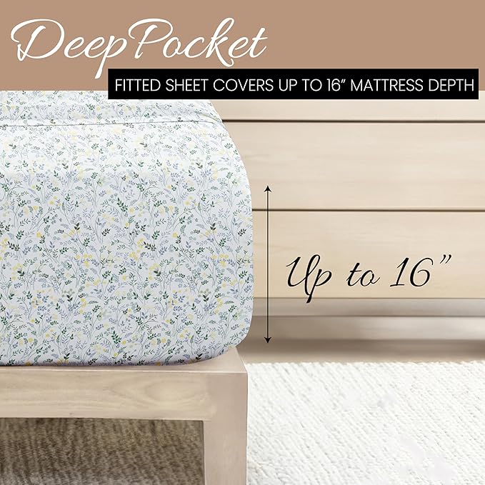 Linen Market Double-Brushed Patterned Microfiber California King Sheet Set 4 Piece – Oeko-TEX Certified Ultra Soft & Wrinkle-Free - 16" Deep Pocket Sheets Easy Care Cal-King Size - Wildflower Blue