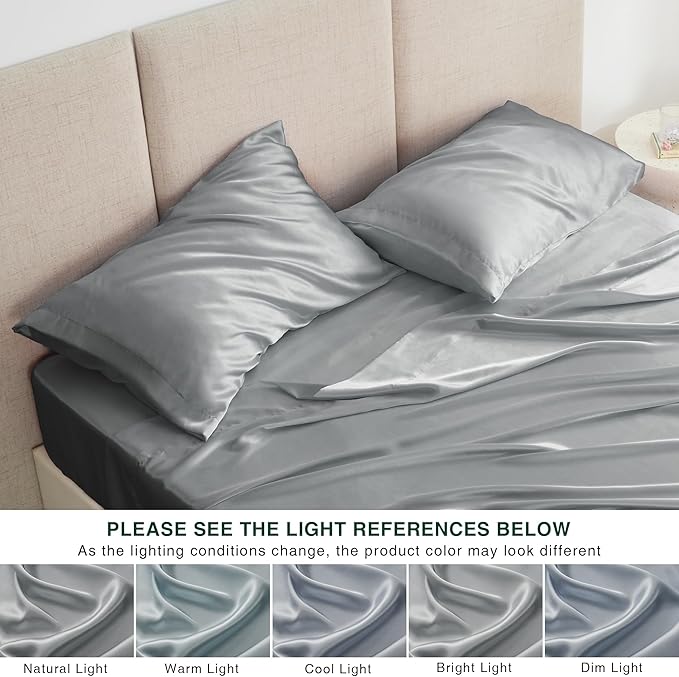 Love's cabin California King Satin Sheet Sets - 4 Piece Dark Grey Silky Sheets Bed Set with Deep Pocket, Luxury Silk Feel Satin Cal King Sheet Set (1 Flat Sheet,1 Fitted Sheet,2 Pillow Cases)