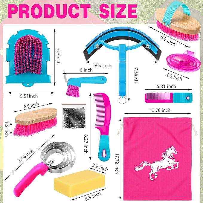 Abbylike 12 Pieces Horse Grooming Kit Racing Festival Tack Room Supplies Horse Brush Sets Equine Care Cleaning Kit Shedding Grooming Massaging Tools(Rose Red)-Mewly Pet