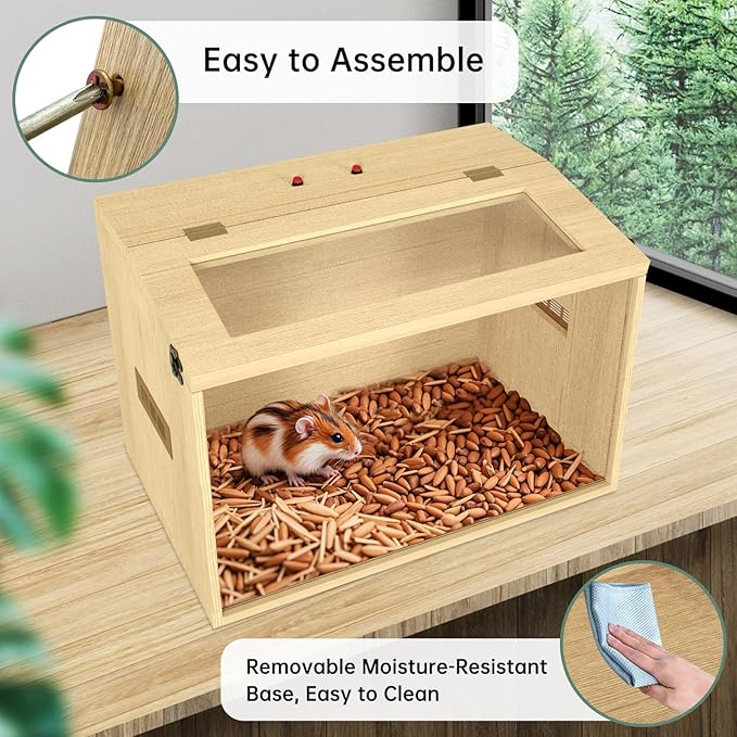 24" Hamster Cage, Top Opening Lockable Roof Door Gerbil Cage, Dwarf Hamster Cage with Hygrometer, Mice and Small Animal Habitat, Chewproof Syrian Hamster Enclosure, (Wooden, 24" L x 16" W x 16" H)-Mewly Pet