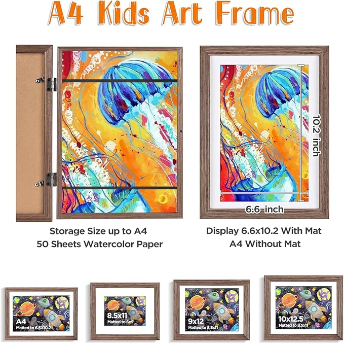 KINLINK A4 Kids Art Frames Set of 2, Solid Wood Kids Artwork Frames Changeable with Acrylic Front Opening Holds 150 Pictures 8.3x11.7, Art Frame for Kids Artwork with Mat or without Mat, Brown Wood