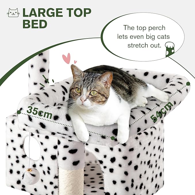 MUTICOR 66 Inches Multi-Level Large Cat Tree Tower for Indoor Big Feline/Cozy Plush Perches/Condo/Sisal Scratching Posts/Hammock and Baskets/Activity Center Play House/Wide Base/White & Black Spot-Mewly Pet
