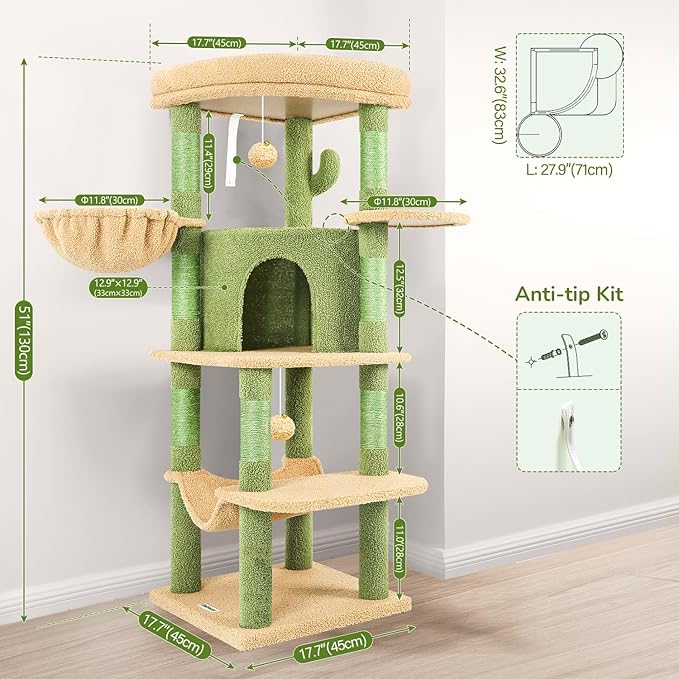 Globlazer Cactus Corner Cat Tree Tower with Scratching Post for Indoor Cats, 51in Multi-Level Cat Condo Tower with Large Hammock, Fan-Shaped Padded Perch, Spacious Cat Cave, Hanging Basket, C51, Green-Mewly Pet